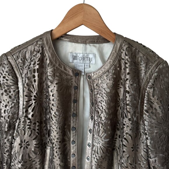 Worth Leather Jacket Sz 6 Floral Laser Cut Outs Bronze Champange Snap Front - Picture 4 of 16